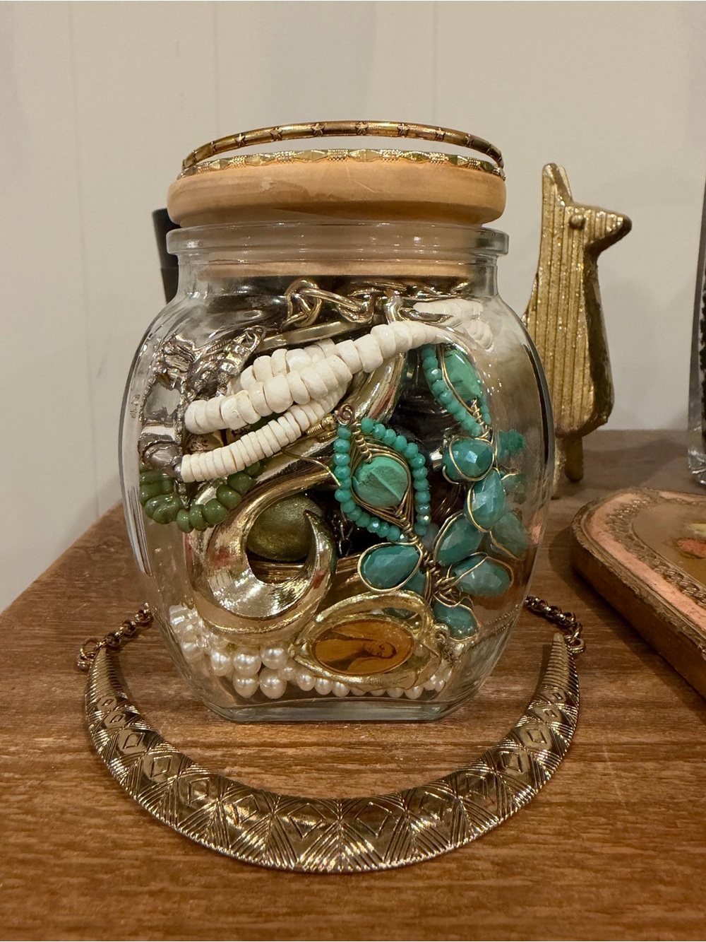 Vintage to Modern Jewelry Jar 💛 Pearls, Artisan Wire-Wrap, Art Glass, Shell